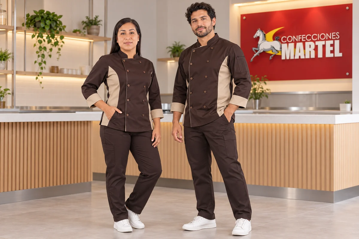 Dos modelos muestran chaquetas chocolate con paneles laterales beige.