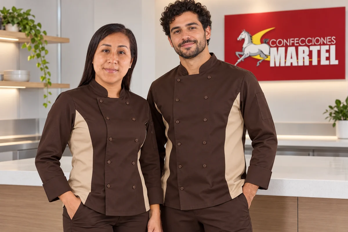 Vista frontal de dos modelos con chaquetas chocolate y paneles laterales beige.