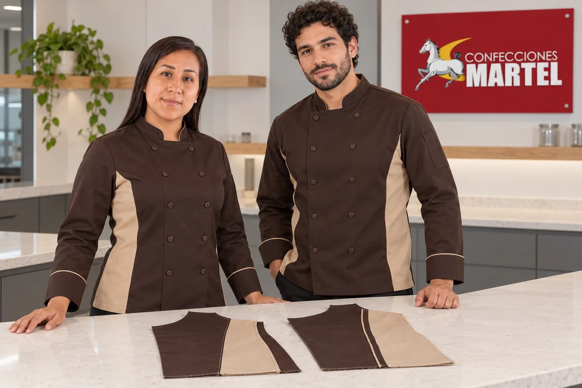 Dos modelos presentan muestras de paneles chocolate y beige con costuras distintas.
