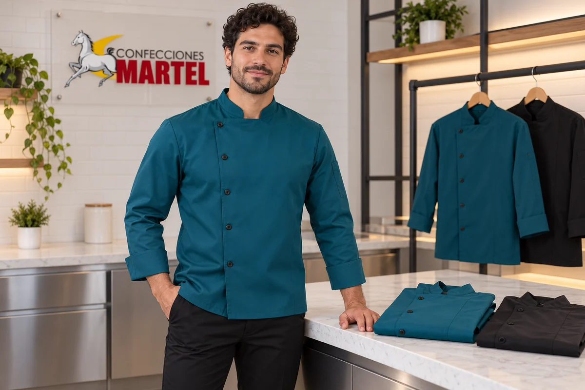 Modelo masculino con chaqueta turquesa de pecho liso junto a muestras dobladas.