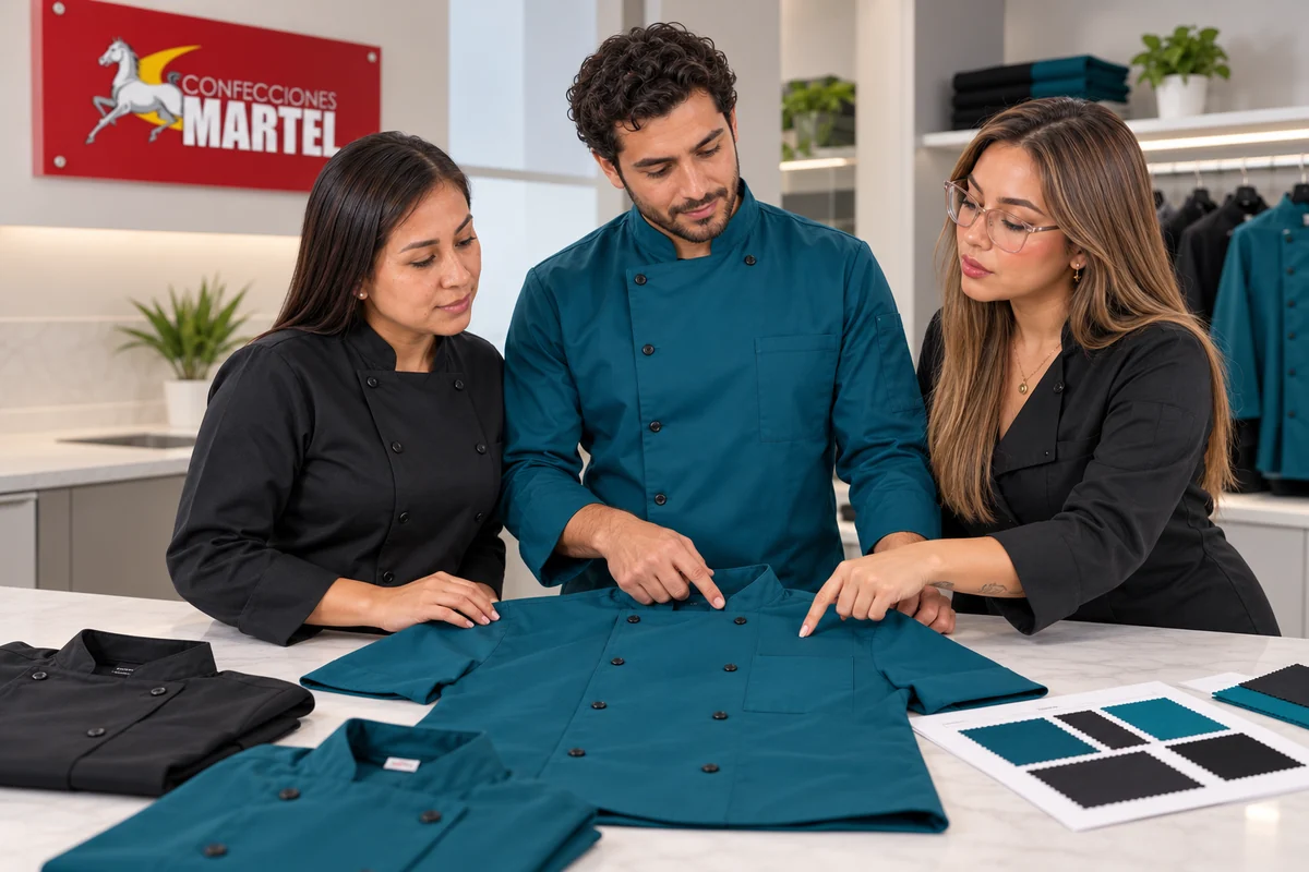 Tres adultos señalan zonas de pecho de una chaqueta turquesa extendida sobre la mesa.