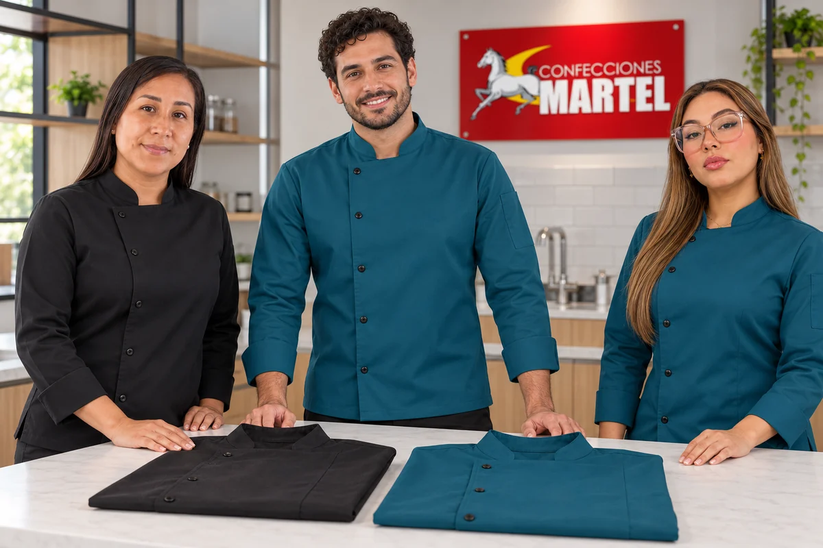 Tres adultos presentan chaquetas turquesa y negra de frentes sin personalizar.