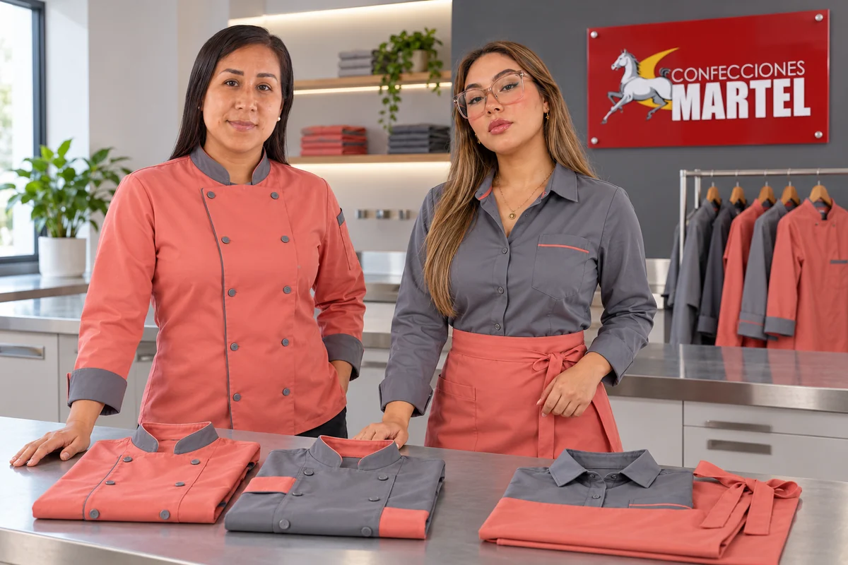 Dos mujeres presentan chaquetas, camisa y mandil en coral y gris sobre un mostrador.