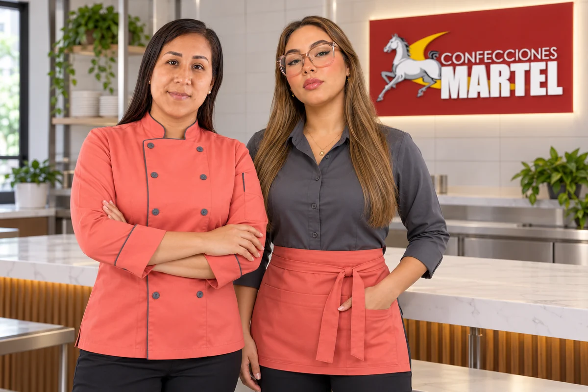 Vista frontal de chaqueta de chef coral y conjunto de salón gris con mandil.