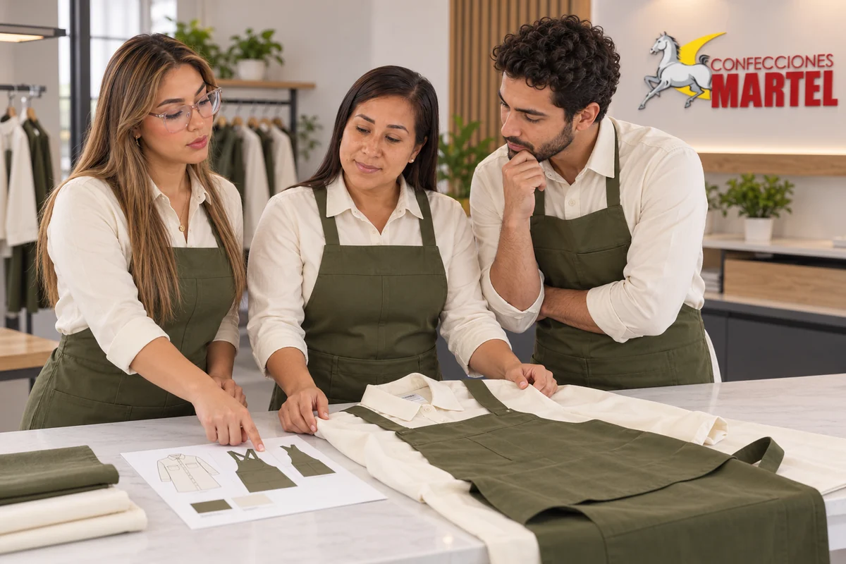 Tres adultos revisan un mandil oliva sobre una camisa marfil junto a una ficha ilustrada.