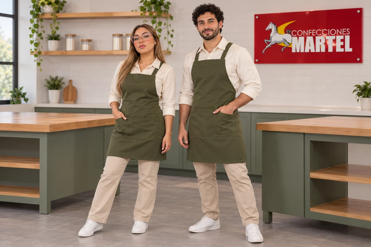 Mujer y hombre muestran mandiles oliva sobre camisas y pantalones marfil.
