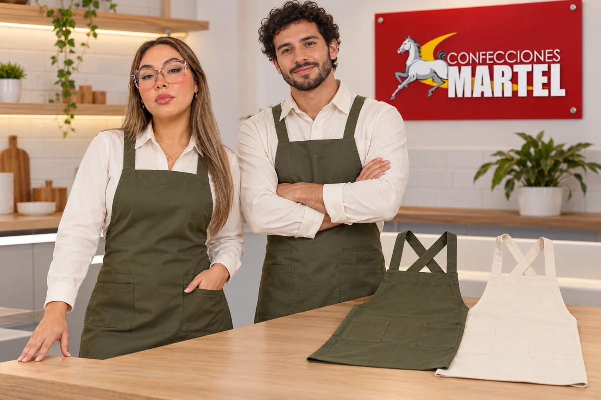 Dos modelos presentan mandiles oliva y marfil con tirantes cruzados sobre una mesa.