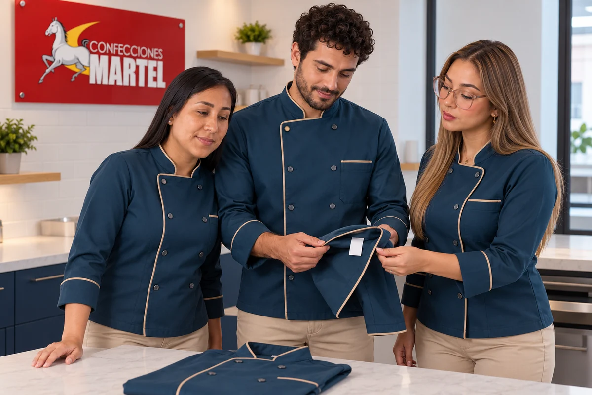 Tres adultos observan una etiqueta blanca sin texto en una muestra azul petróleo.