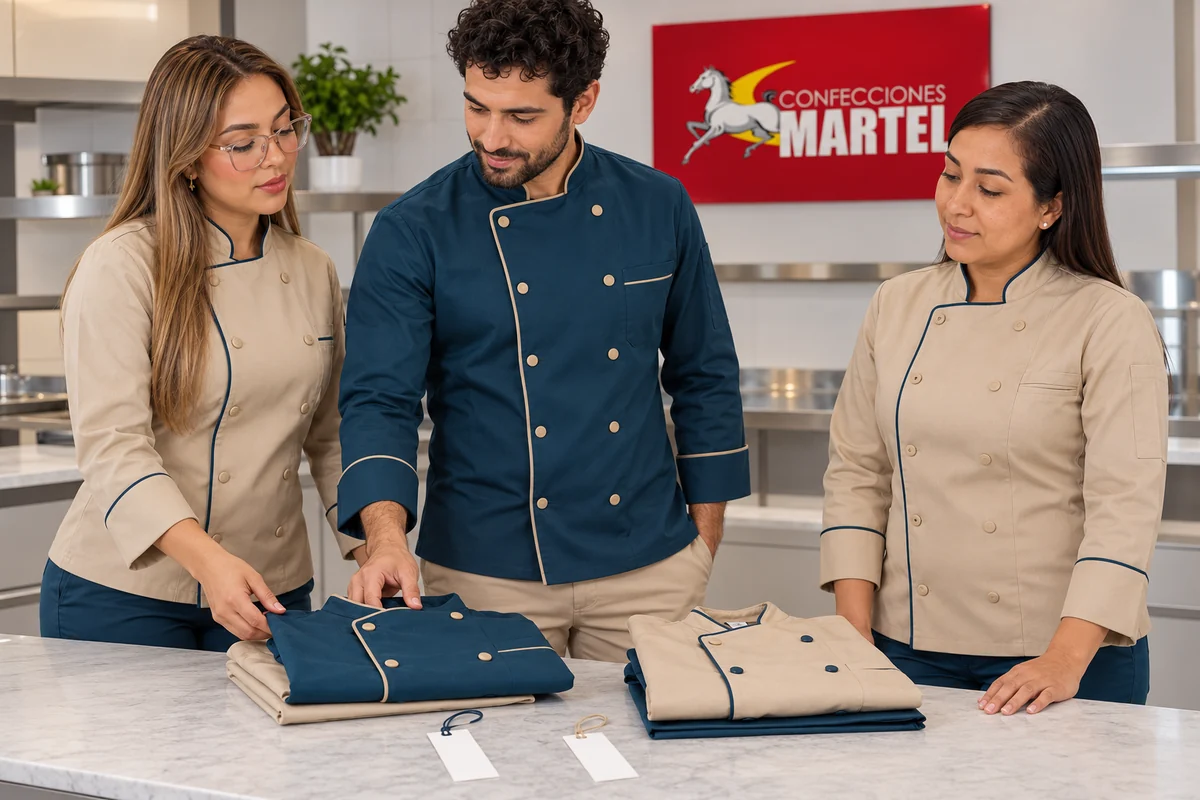 Tres adultos comparan chaquetas azul petróleo y arena con ribetes contrastantes.