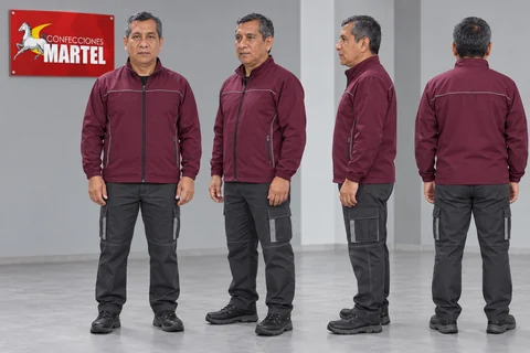 Modelo de muestra con casaca ciruela pantalón grafito con detalles gris claro: vista general