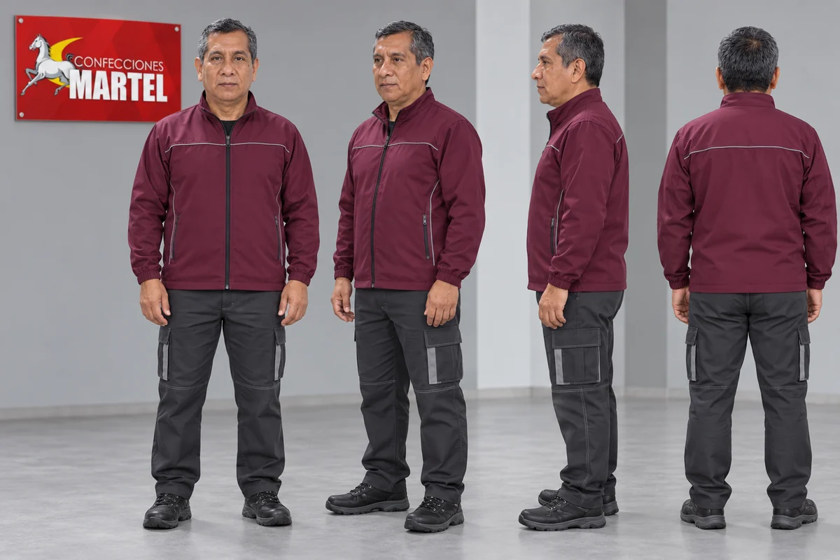 Modelo de muestra con casaca ciruela pantalón grafito con detalles gris claro: vista general
