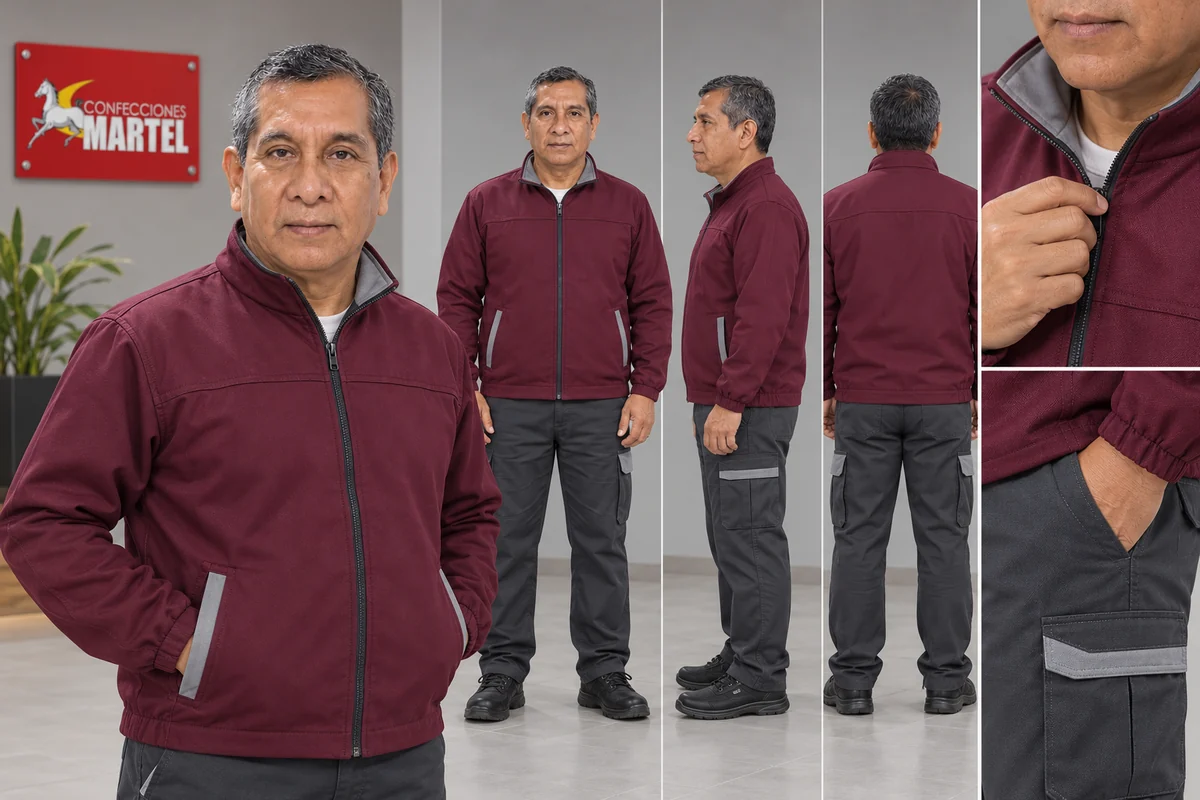Modelo de muestra con casaca ciruela pantalón grafito con detalles gris claro: Consultar capas sin anular requisitos