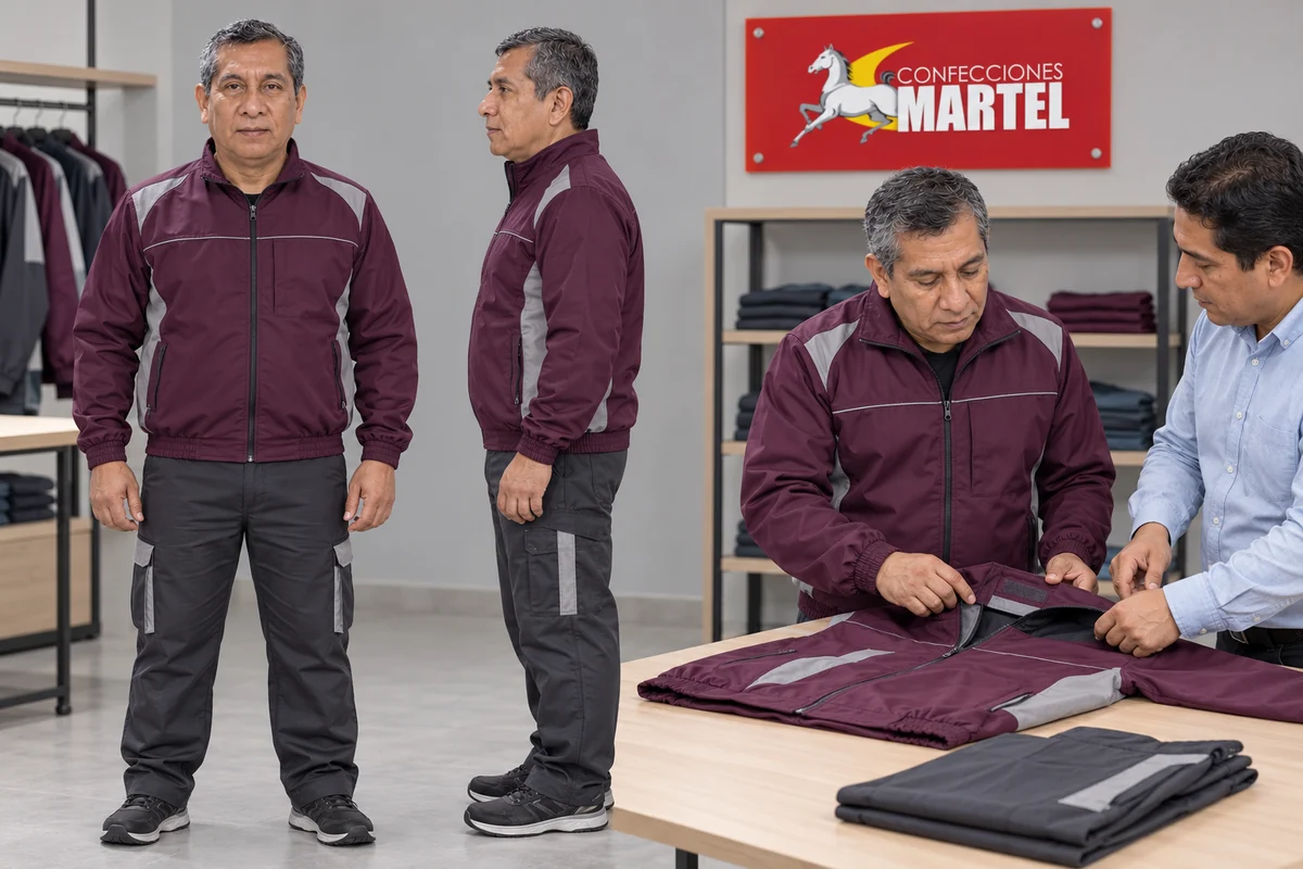 Modelo de muestra con casaca ciruela pantalón grafito con detalles gris claro: Confirmar materiales y componentes