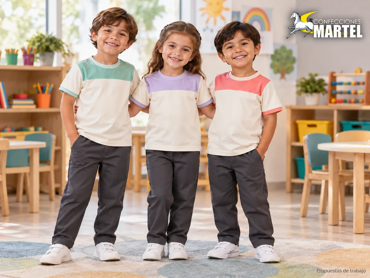 Propuesta de trabajo Martel: Tres niños ficticios muestran polos marfil con canesús menta, lavanda y coral.