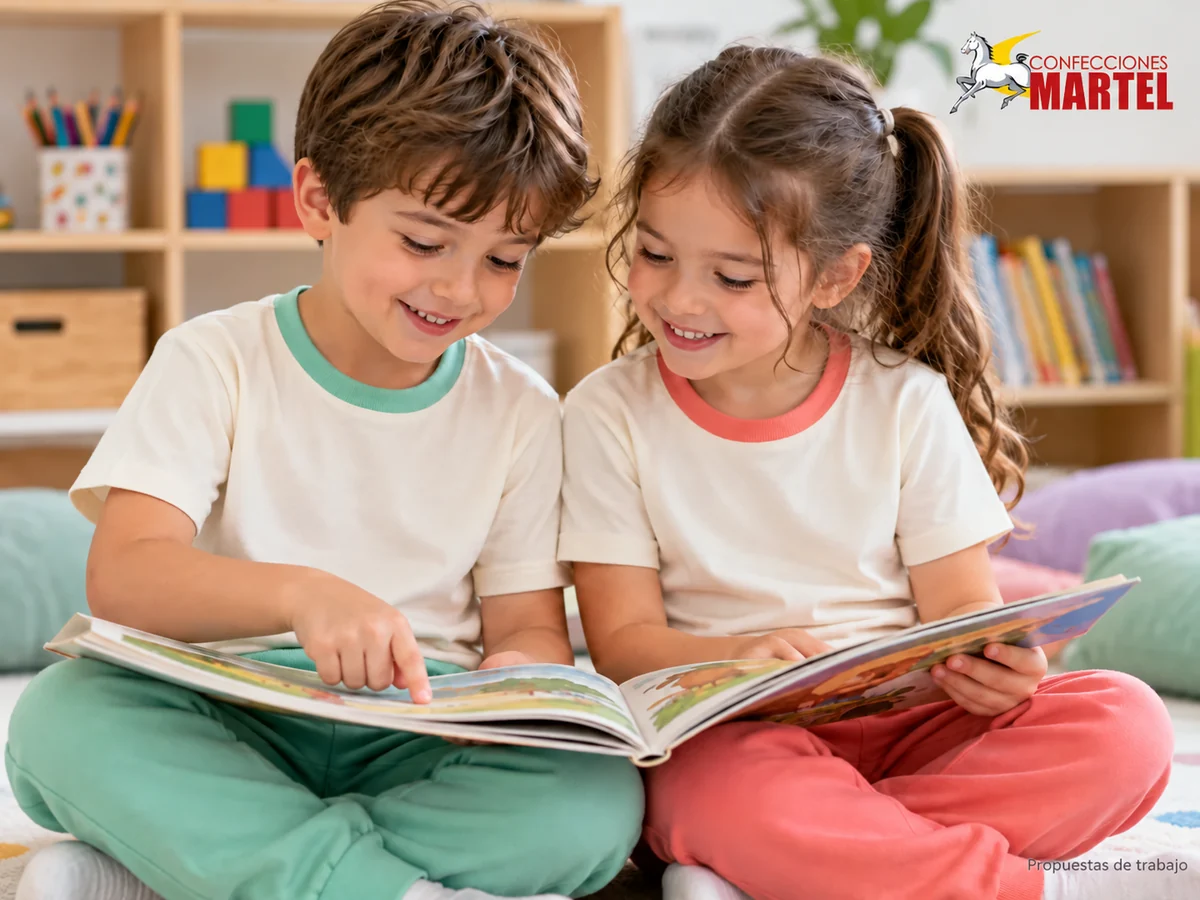Propuesta de trabajo Martel: Niños ficticios leen con polos marfil de cuello menta y coral, pantalones coordinados.