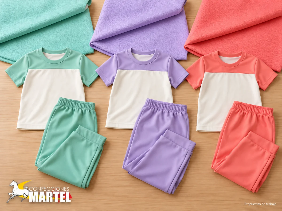 Propuesta de trabajo Martel: Tres conjuntos infantiles de polos marfil y pantalones menta, lavanda y coral junto a muestras textiles.