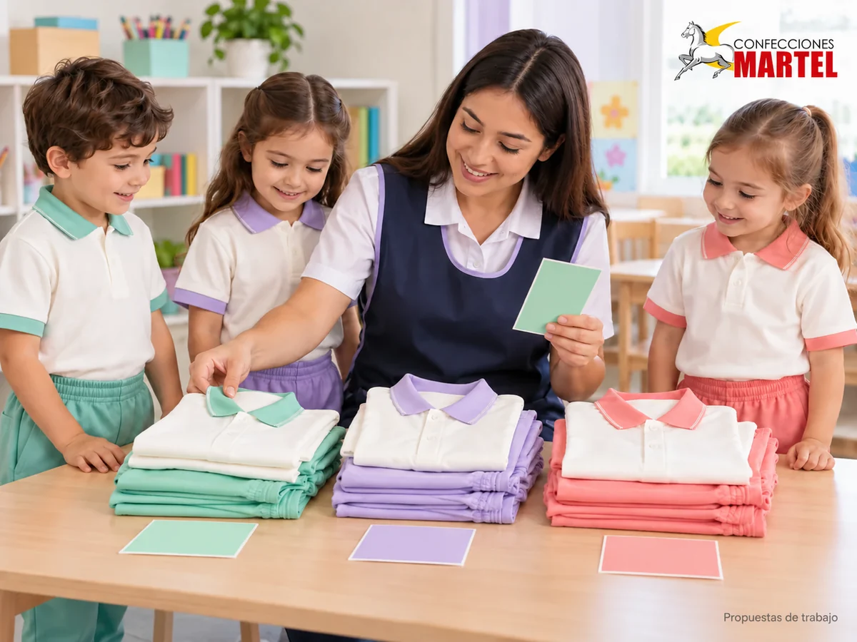 Propuesta de trabajo Martel: Adulta y niños ficticios comparan polos de cuello menta, lavanda y coral junto a tarjetas de color vacías.