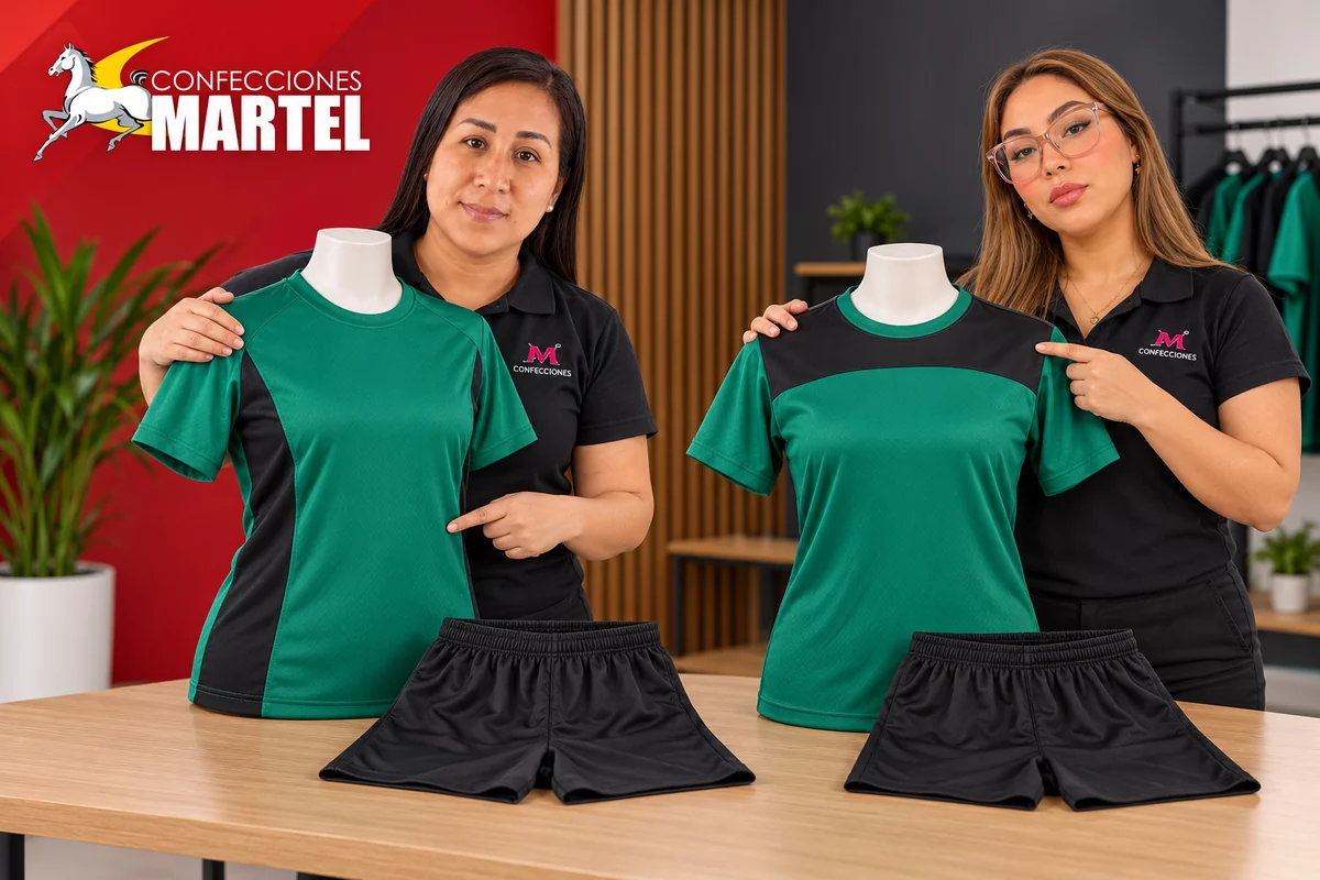 Dos mujeres presentan camisetas esmeralda con paneles laterales o canesú negro en bustos junto a shorts negros.