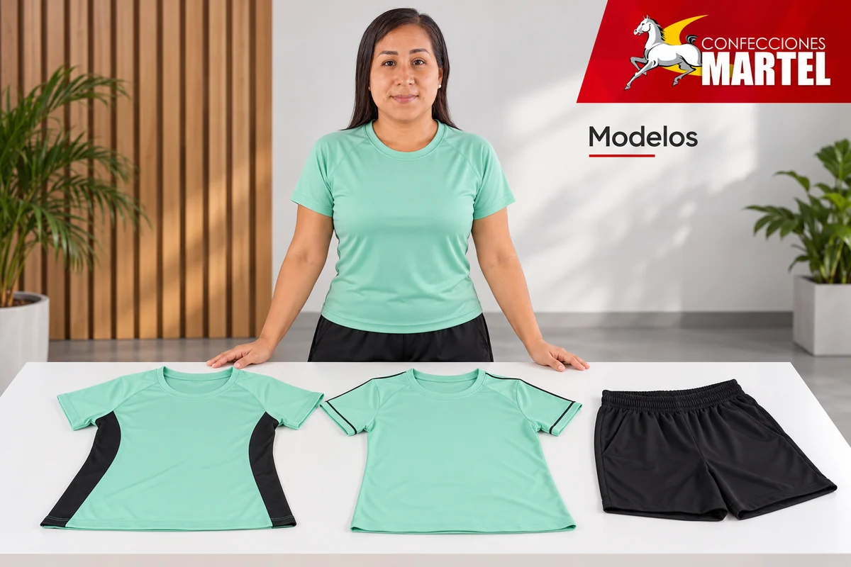 Dos camisetas menta, una con paneles negros y otra con ribetes, y short negro sobre mesa frente a modelo.