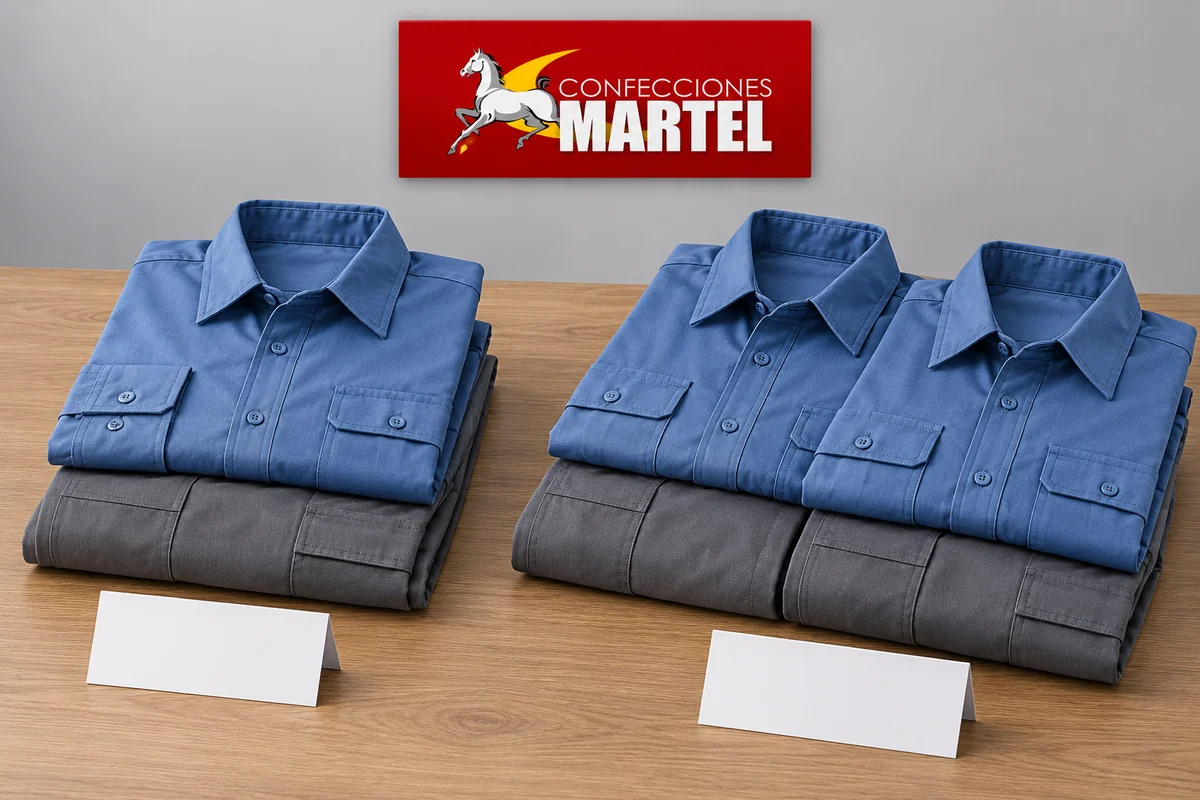 Un conjunto doblado y dos conjuntos de camisas azul acero con pantalones grises junto a fichas blancas