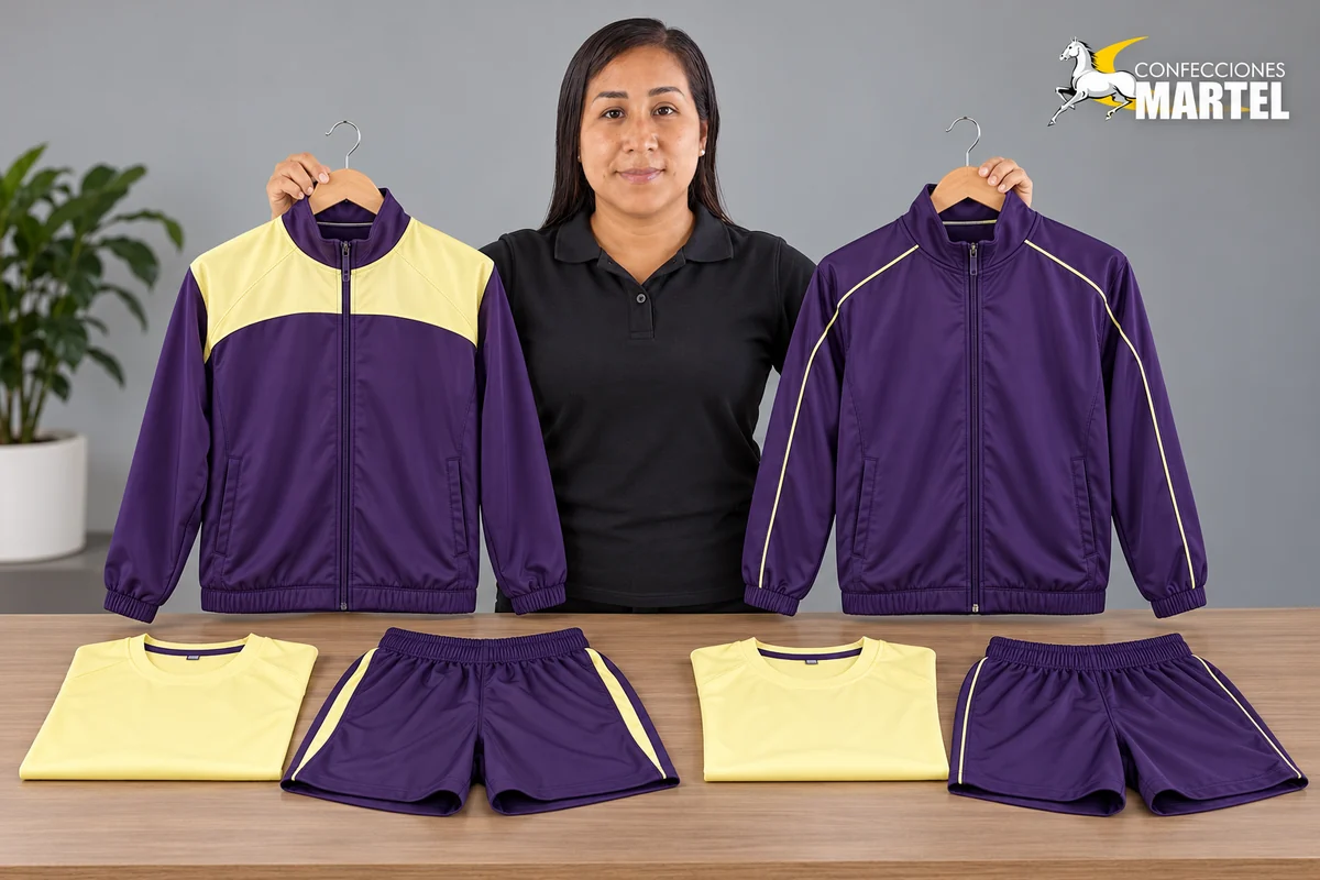 Mujer presenta dos casacas violetas con canesú o ribetes amarillos y conjuntos sobre una mesa.