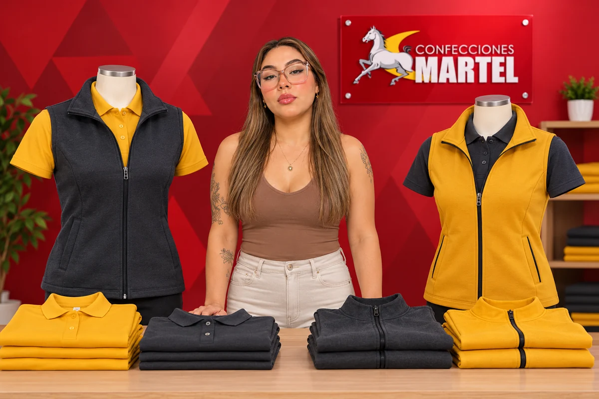 Comparación de chalecos y polos grafito y mostaza sobre maniquíes