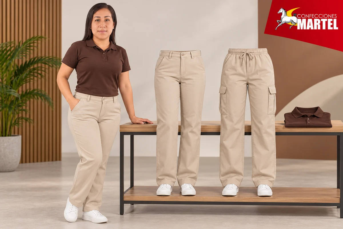 Comparación de pantalón beige recto y cargo con cintura elástica