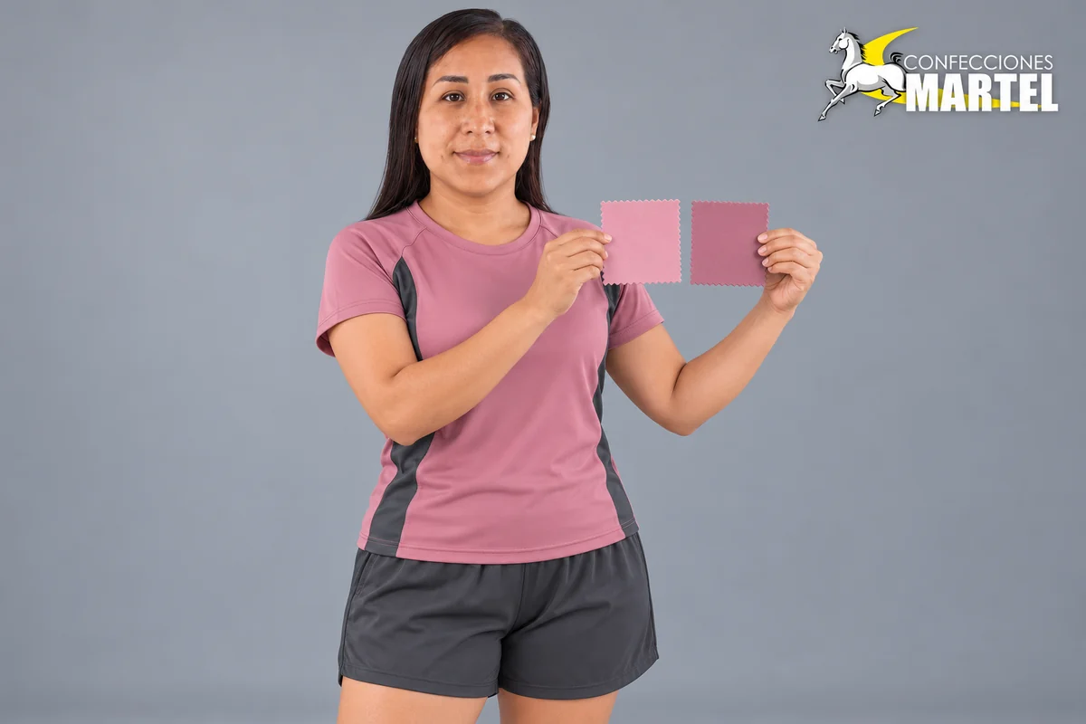 Modelo adulta muestra dos tonos de tela rosa junto a camiseta deportiva con panel lateral grafito.