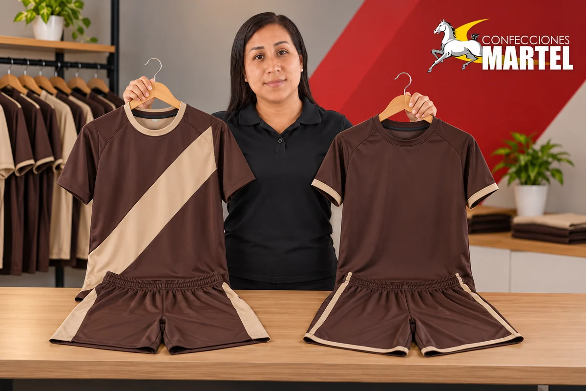 Mujer presenta dos camisetas chocolate con franja diagonal beige o remates finos y shorts de muestra.