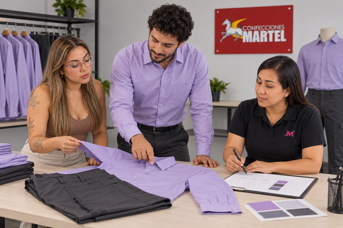 Dos mujeres y un hombre revisan una camisa lila extendida y una ficha de muestra.