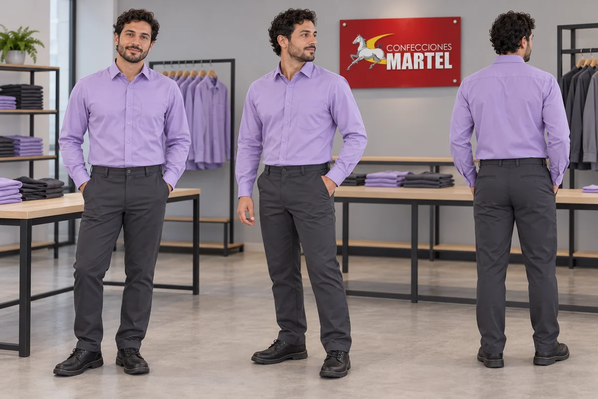 Composición con vistas frontal, lateral y posterior de camisa lila y pantalón gris.