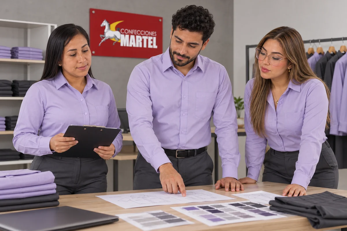 Tres adultos con camisas lila revisan una ficha ilustrada sobre una mesa.