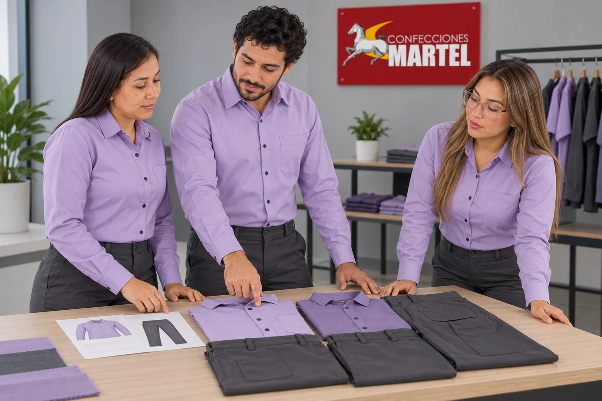 Tres adultos comparan camisas lila y pantalones grises doblados sobre una mesa.