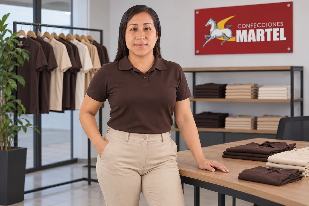 Modelo con polo chocolate de cuello camisero junto a muestras dobladas.