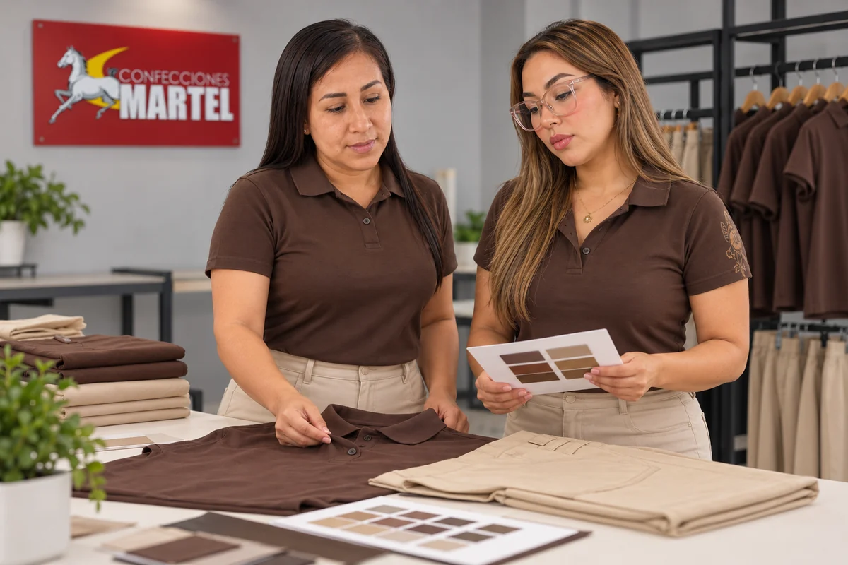 Dos mujeres revisan el cuello de un polo chocolate junto a pantalones beige y muestras de color.