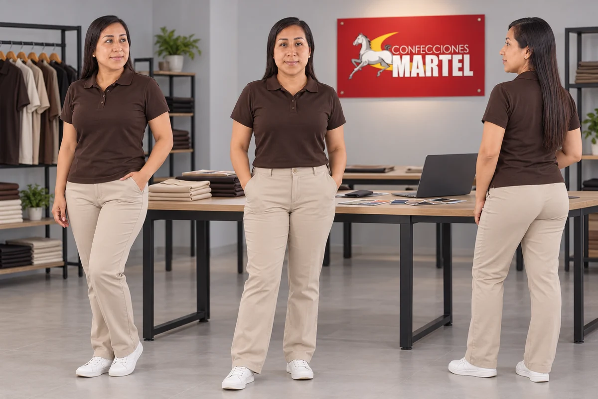 Composición de tres vistas de una modelo con polo chocolate y pantalón beige.