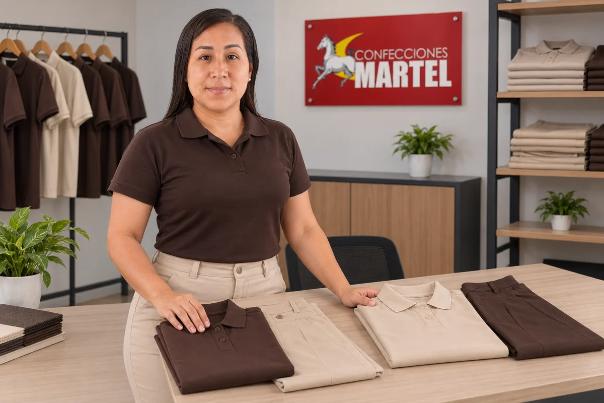 Modelo presenta polos y pantalones chocolate y beige sobre una mesa.