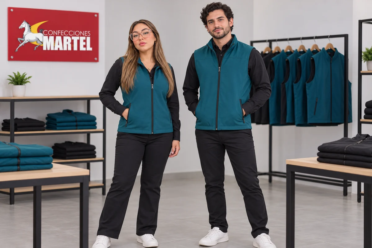 Dos modelos muestran chalecos turquesa mate sobre camisas negras.