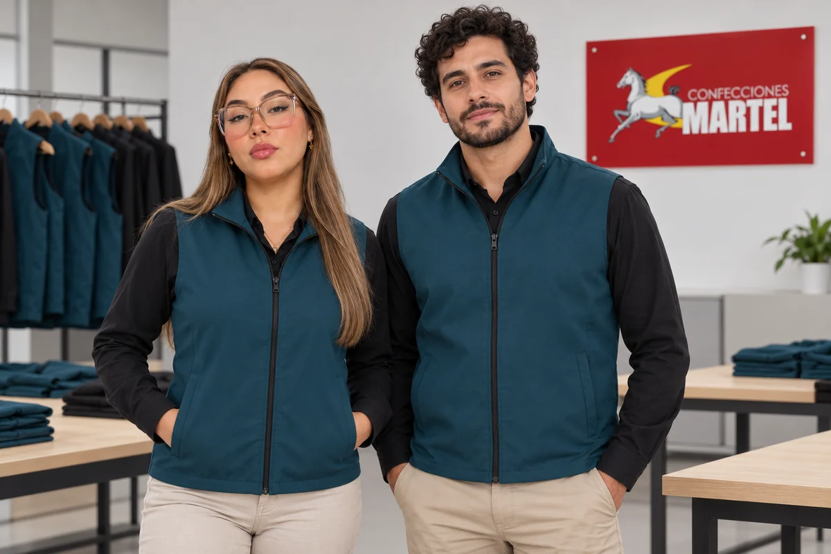 Vista frontal de dos modelos con chalecos turquesa de cierre delantero.
