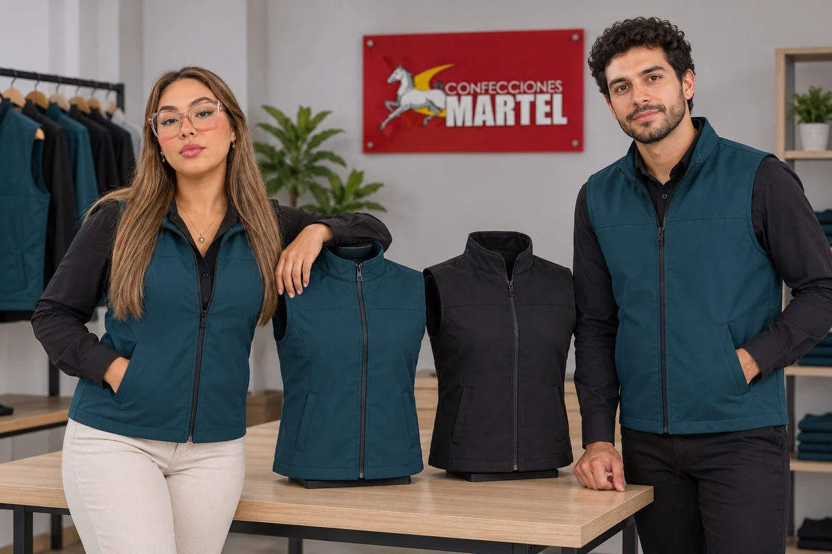 Dos modelos presentan chalecos turquesa y negro en soportes sobre una mesa.