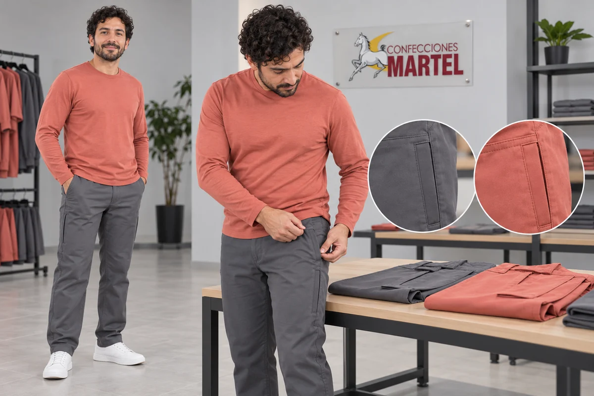 Composición de un modelo con camiseta coral y pantalón gris, detalles de bolsillos y muestras dobladas.