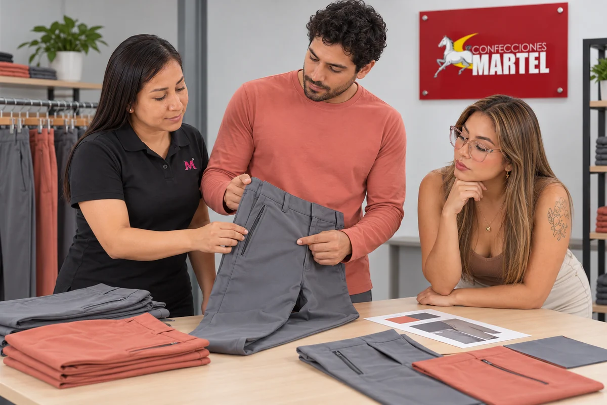 Dos mujeres y un hombre revisan el bolsillo lateral de un pantalón gris junto a muestras coral y gris.