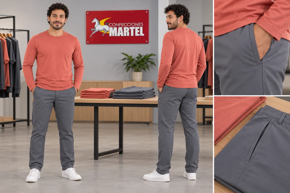 Vistas frontal y posterior de un modelo con camiseta coral y pantalón gris, junto a detalles del bolsillo.