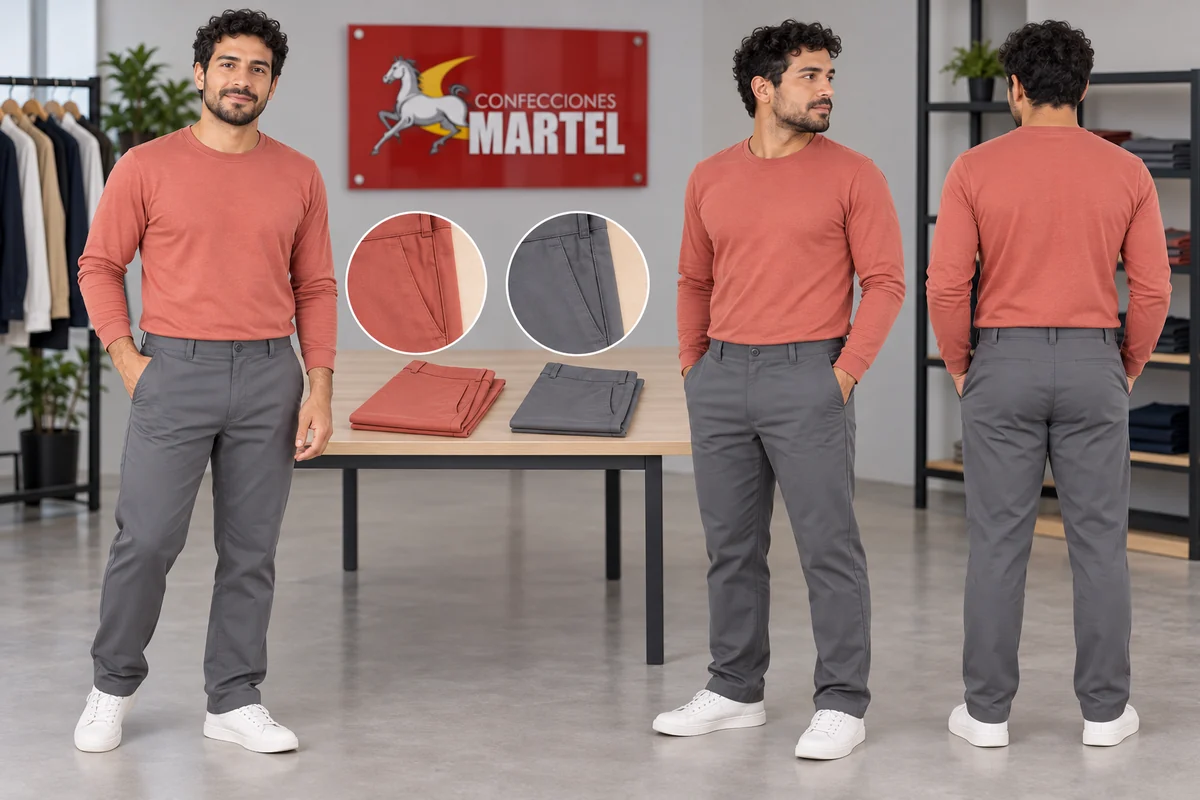 Tres vistas de un modelo con camiseta coral y pantalón gris y muestras de pantalones sobre una mesa.