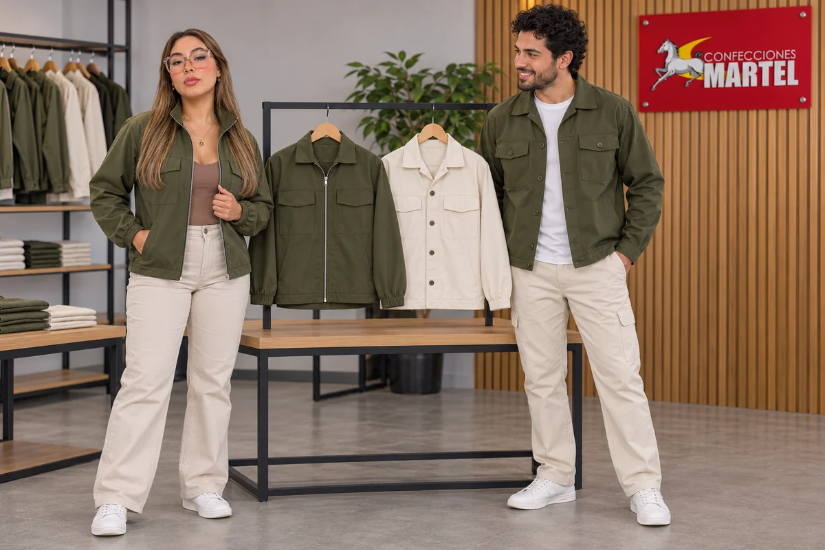 Mujer con lentes y hombre con casacas oliva y pantalones claros junto a dos muestras de casaca.