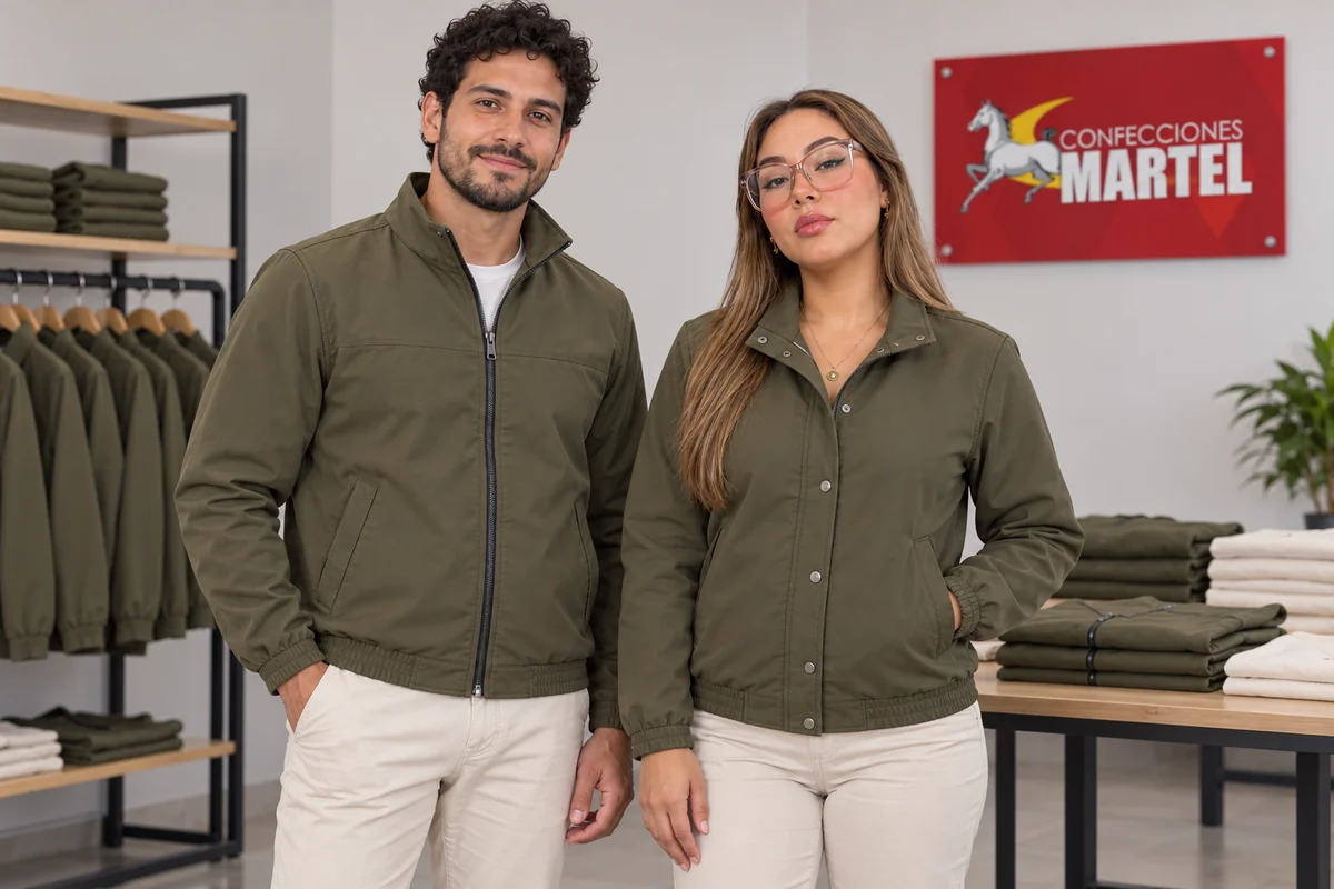 Dos modelos muestran casacas oliva con cierre y botones sobre pantalones claros.