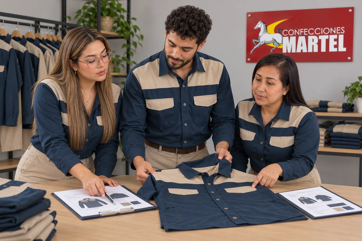 Dos mujeres y un hombre comparan una camisa azul con paneles arena con dibujos de prendas.
