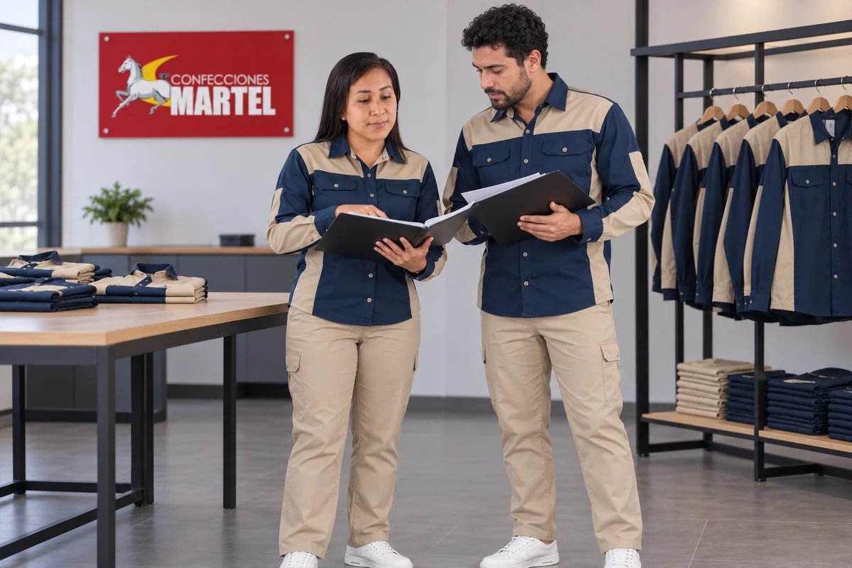 Mujer y hombre con camisas azul y arena revisan carpetas en una sala de muestras.