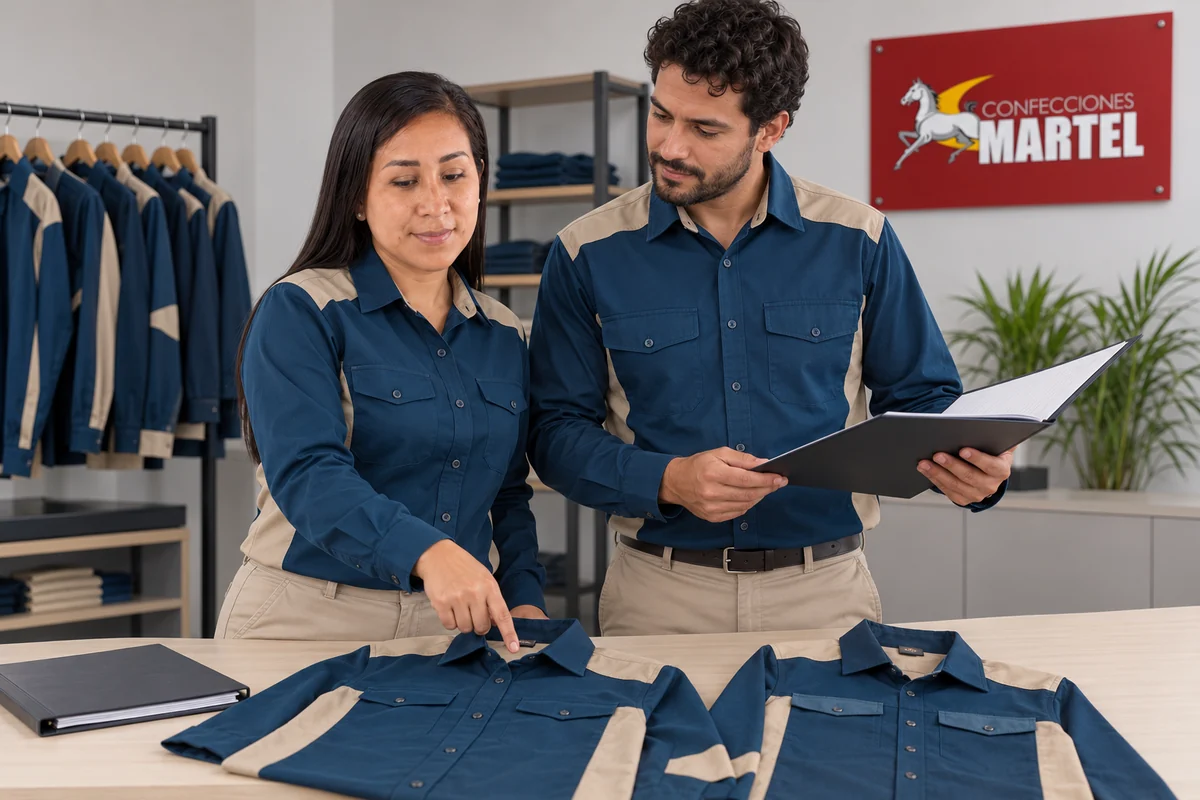 Una mujer señala el cuello de una camisa azul y arena sobre la mesa junto a un hombre con carpeta.