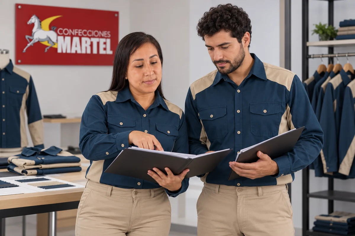 Vista cercana de dos modelos con camisas bicolor azul y arena consultando carpetas.